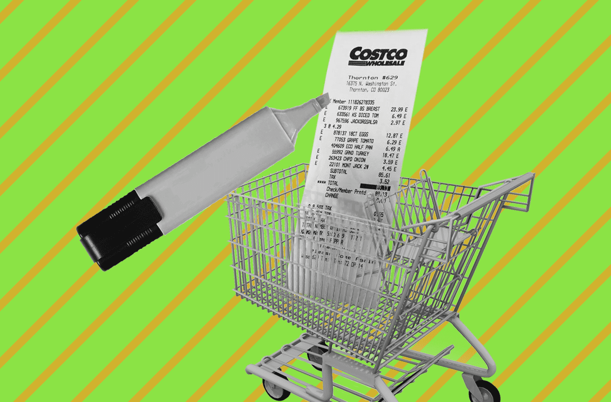 A decorative image of a Costco receipt inside a shopping cart, with a highlighter to the left hovering near the oversized receipt